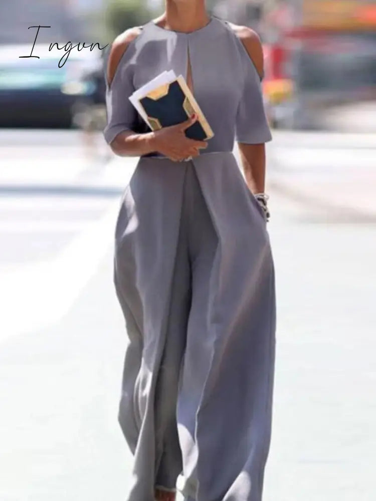 Ingvn - Fashion Hollow Solid Trousers Rompers Summer O Neck Off Shouler Short Sleeve Playsuit Women