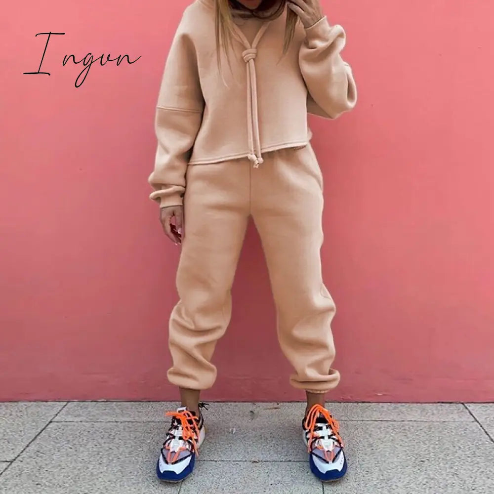 Ingvn - Fashion Loose Casual Hoodie Suit Two Piece Set Womens Tracksuits Solid Color Sets Thick