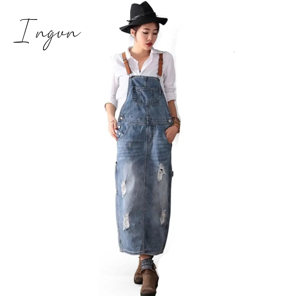 Ingvn - Fashion Maxi Denim Dress Summer Ladies Suspenders Holes Jean Dresses Female Loose Plus Size