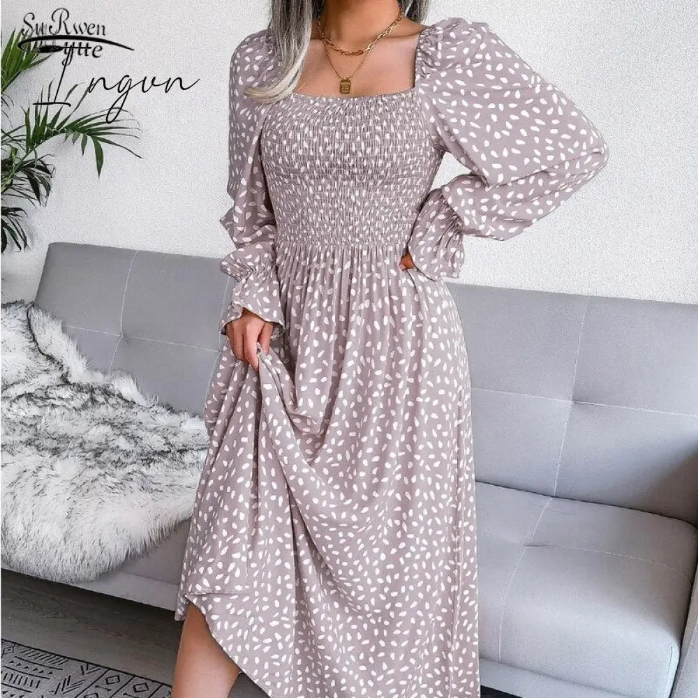 Ingvn - Fashion New Print Square Collar Chiffon Dress Women Elegant Pleated Loose Puff Sleeve Party