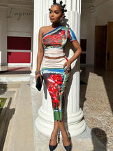 Ingvn - Fashion Print Dress Set Women One Shoulder Crop Top And Midi Skirt Matching Sets Female