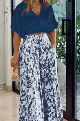 Ingvn - Fashion Print Split Joint V Neck Short Sleeve Two Pieces(4 Colors) Pieces/Two-Piece Pants