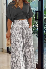 Ingvn - Fashion Print Split Joint V Neck Short Sleeve Two Pieces(4 Colors) Pieces/Two-Piece Pants