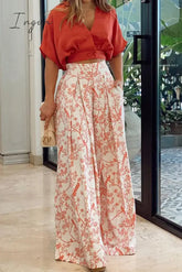 Ingvn - Fashion Print Split Joint V Neck Short Sleeve Two Pieces(4 Colors) Pieces/Two-Piece Pants