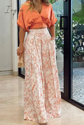 Ingvn - Fashion Print Split Joint V Neck Short Sleeve Two Pieces(4 Colors) Tangerine Red / S