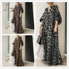 Ingvn - Fashion Printed Maxi Dress Women’s Leopard Sundress Spring Puff Sleeve Long Vestidos