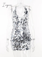 Ingvn - Fashion Sequins Mini Dress Women Halter V Neck Sleeveless Backless Sparkle Dresses Female