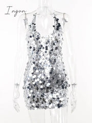 Ingvn - Fashion Sequins Mini Dress Women Halter V Neck Sleeveless Backless Sparkle Dresses Female
