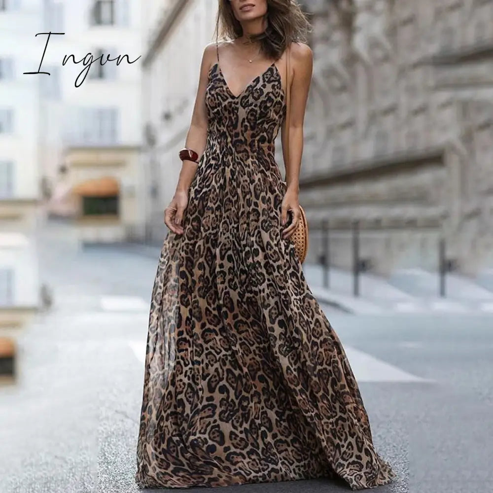 Ingvn - Fashion Sexy Dress Leopard V - Neck Sling Maxi Dresses Women Summer Sleeveless Chiffon