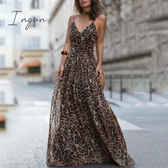 Ingvn - Fashion Sexy Dress Leopard V - Neck Sling Maxi Dresses Women Summer Sleeveless Chiffon