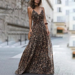 Ingvn - Fashion Sexy Dress Leopard V - Neck Sling Maxi Dresses Women Summer Sleeveless Chiffon