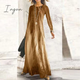 Ingvn - Fashion Shiny Long Office Lady Party Dress Women Vintage Round Neck Sleeve Maxi Autumn Slim