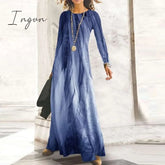 Ingvn - Fashion Shiny Long Office Lady Party Dress Women Vintage Round Neck Sleeve Maxi Autumn Slim