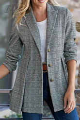 Ingvn - Fashion Street Plaid Patchwork Buckle Turn-Back Collar Outerwear(3 Colors) Khaki / S