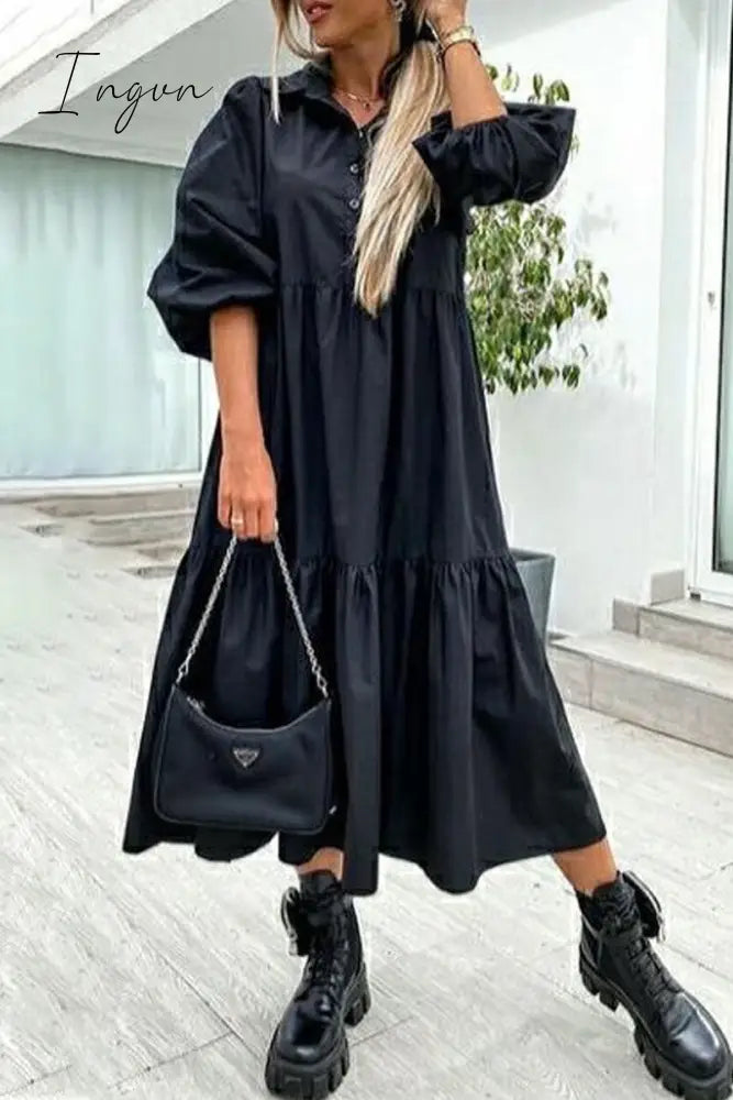 Ingvn - Fashion Street Solid Patchwork Turndown Collar Princess Dresses(3 Colors) Black / S
