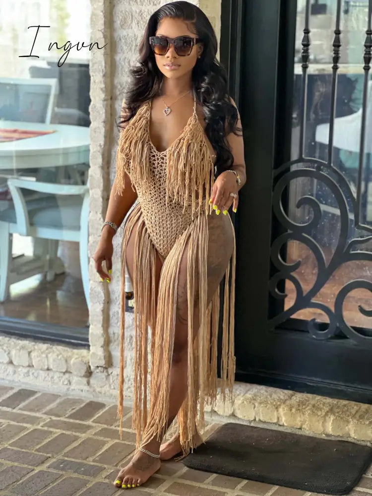 Ingvn - Fashion Trends Knit Rib Tassel Bodysuit Rompers Sexy Fishnet Halter Lace Up V Neck See