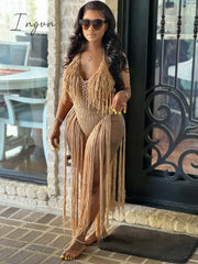 Ingvn - Fashion Trends Knit Rib Tassel Bodysuit Rompers Sexy Fishnet Halter Lace Up V Neck See