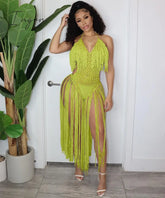 Ingvn - Fashion Trends Knit Rib Tassel Bodysuit Rompers Sexy Fishnet Halter Lace Up V Neck See