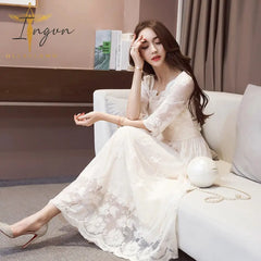 Ingvn - Fashion Trends Sexy Lace Ruffled Hollow Out See Through Evening Party Dress Elegant