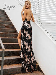 Ingvn - Fashion Trends Sexy Lace Up Halter Sequin Party Dresses Women High Split Maxi Dress Festa