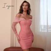 Ingvn - Fashion Trends Summer Women Sexy Off Shoulder Long Sleeve Backless Mesh Pink Mini Bodycon