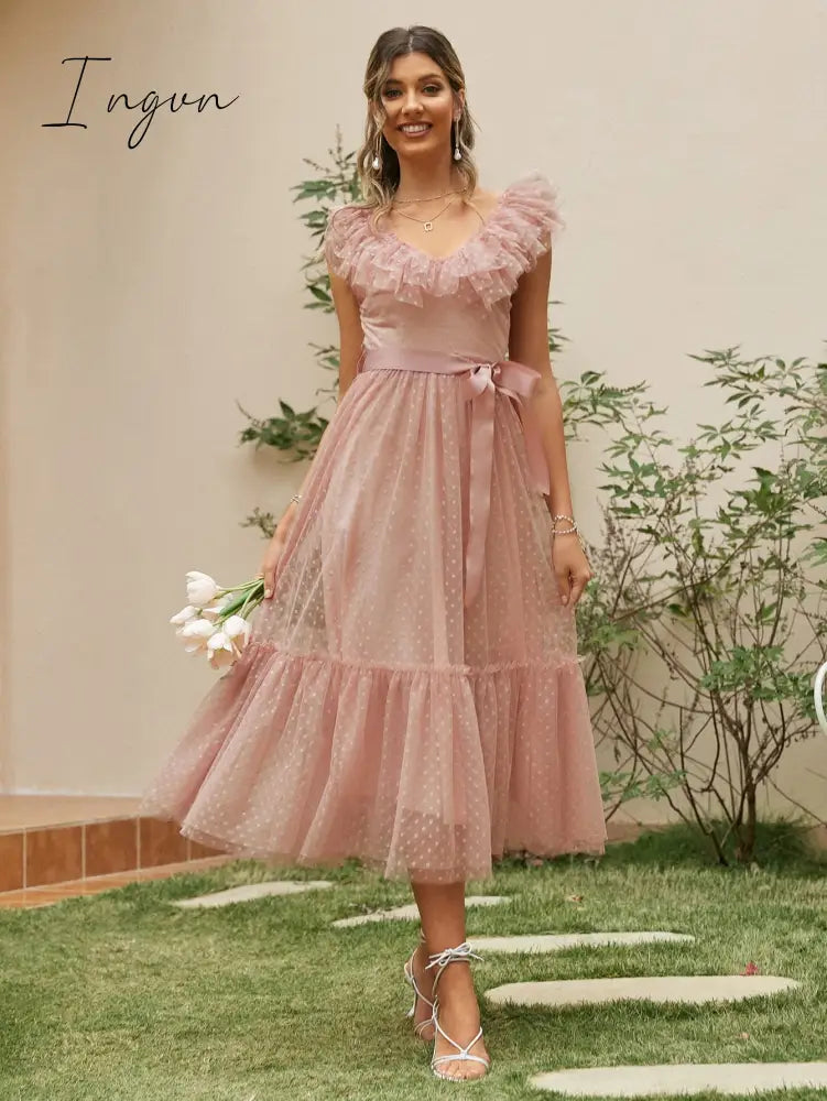 Ingvn - Fashion Trends V - Neck Mesh Polka Dot Summer Tulle Party Dress Women Backless Pink Ruffle