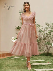 Ingvn - Fashion Trends V - Neck Mesh Polka Dot Summer Tulle Party Dress Women Backless Pink Ruffle