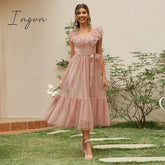 Ingvn - Fashion Trends V - Neck Mesh Polka Dot Summer Tulle Party Dress Women Backless Pink Ruffle