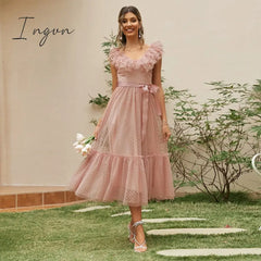 Ingvn - Fashion Trends V - Neck Mesh Polka Dot Summer Tulle Party Dress Women Backless Pink Ruffle