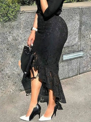 Ingvn - Fashion Trends Women Black Lace Skirt High Waist Slim Midi Modest Classy Irregular Length