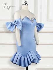 Ingvn - Fashion Trends Women Party Dress Ruffles Mesh Patchwork Bead Sexy With Bowtie Lovely