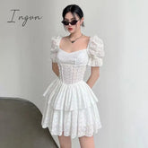 Ingvn - Fashion V Neck Ruffles Pleated Dress Women Puff Sleeve Chic White Summer Mini Party Hollow