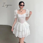Ingvn - Fashion V Neck Ruffles Pleated Dress Women Puff Sleeve Chic White Summer Mini Party Hollow
