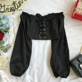 Ingvn - Fashion Woman Blouses Sexy Cut Out Crop Tops Ruffle Vintage Blouse With Puff Sleeves Lace
