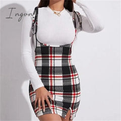Ingvn - Fashion Women Dress Check Dog Tooth Frill Ruffle Pinafore High Waist Bodycon Party Mini