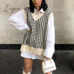 Ingvn - Fashion Women Knitted Vest Pullovers V Neck Sleeveless Houndstooth Jumper Korean Loose