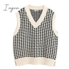 Ingvn - Fashion Women Knitted Vest Pullovers V Neck Sleeveless Houndstooth Jumper Korean Loose