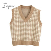 Ingvn - Fashion Women Knitted Vest Pullovers V Neck Sleeveless Houndstooth Jumper Korean Loose