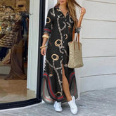 Ingvn - Fashion Women Long Sleeve Shirt Dress Autumn Printed Ol Dresses Laides Turn - Down Collar