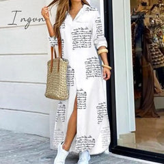 Ingvn - Fashion Women Long Sleeve Shirt Dress Autumn Printed Ol Dresses Laides Turn - Down Collar
