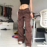 Ingvn - Fashion Women’s Jeans Y2K High Street Waist Denim Trousers Drawstring Flap Pocket Baggy