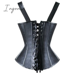 Ingvn - Faux Leather Corset Top Shoulder Strap Corselet Black Zipper Buckled Bustier Waist Trainer