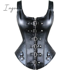 Ingvn - Faux Leather Corset Top Shoulder Strap Corselet Black Zipper Buckled Bustier Waist Trainer