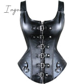 Ingvn - Faux Leather Corset Top Shoulder Strap Corselet Black Zipper Buckled Bustier Waist Trainer
