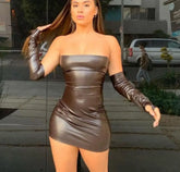 Ingvn - Faux Pu Leather With Gloves Party Dress Women Backless Sexy Hot Clubwear Skinny Slim Solid