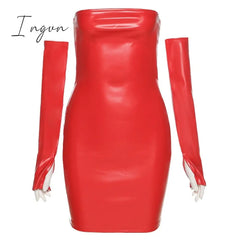 Ingvn - Faux Pu Leather With Gloves Party Dress Women Backless Sexy Hot Clubwear Skinny Slim Solid