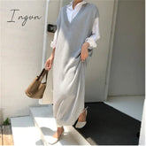 Ingvn - Faux Rabbit Fur Long Sweater Dress Women Loose Knitted Base V Neck Sleeveless Female Vest