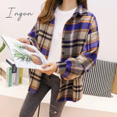 Ingvn - Female Autumn Street Blouse Shirts Vintage Oversized Plaid Flannel Boyfriend Tunic Shirt