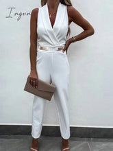 Ingvn - Female Backless V Neck Solid Zipper Jumpsuit Off Shoulder Sleeveless Overalls With Pockets