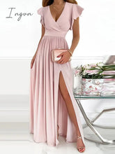 Ingvn - Female Short Butterfly Sleeve Split Fork Party Dress Solid Slim V Neck High Waist Women